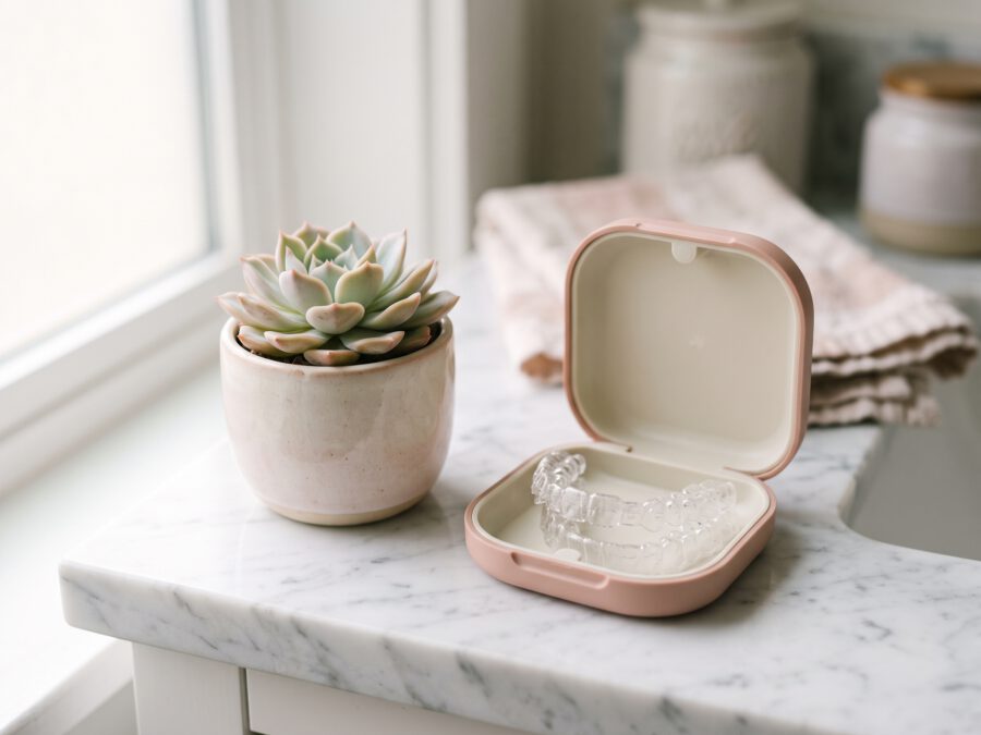 Clear aligners in an open case on a marble counter