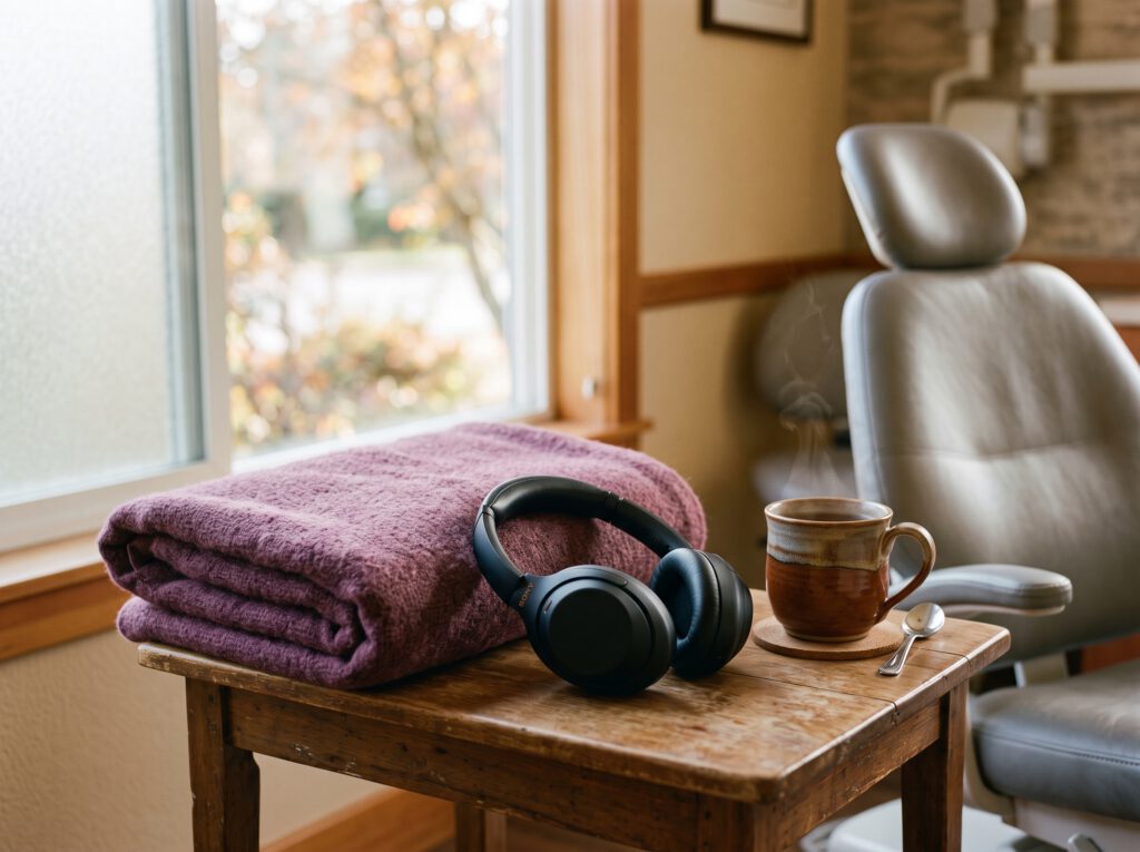 Blanket, headphones, and tea set out for patient comfort