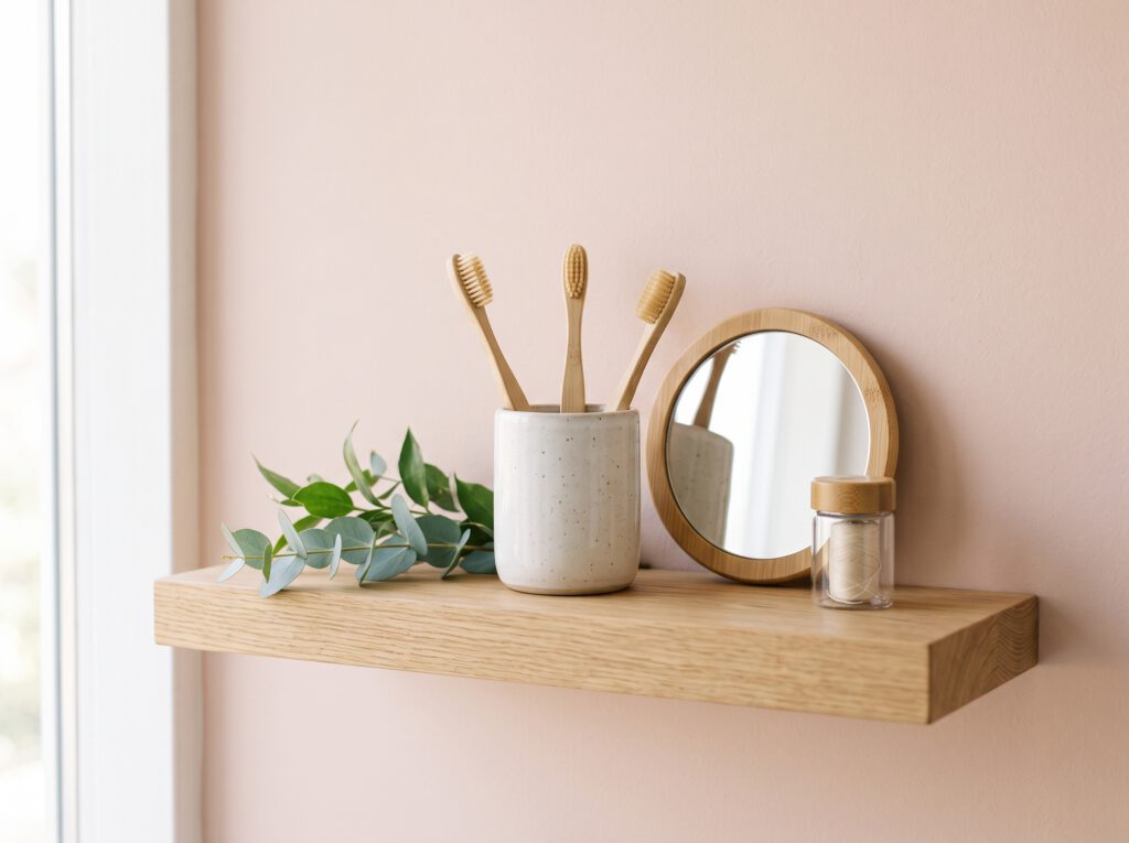 Bamboo toothbrushes and floss on a wooden shelf