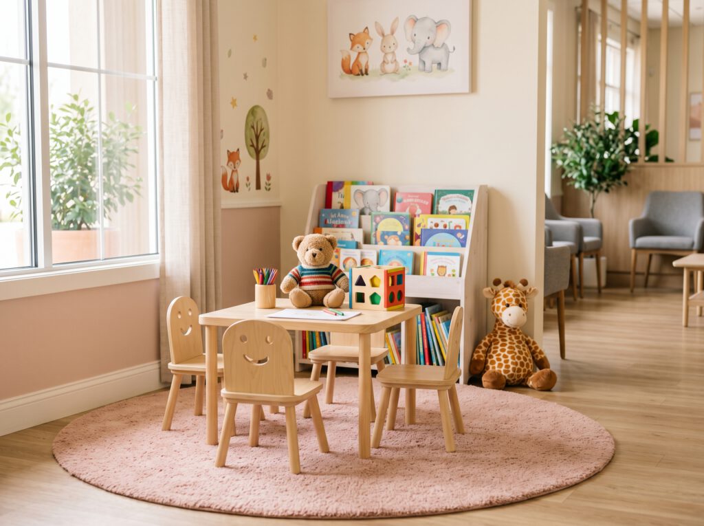 Kids corner with books, a small table, and a soft rug