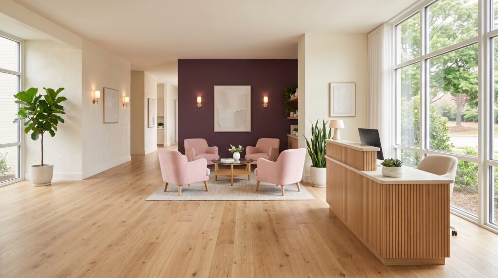 Bright dental office waiting room with blush chairs and a plum accent wall