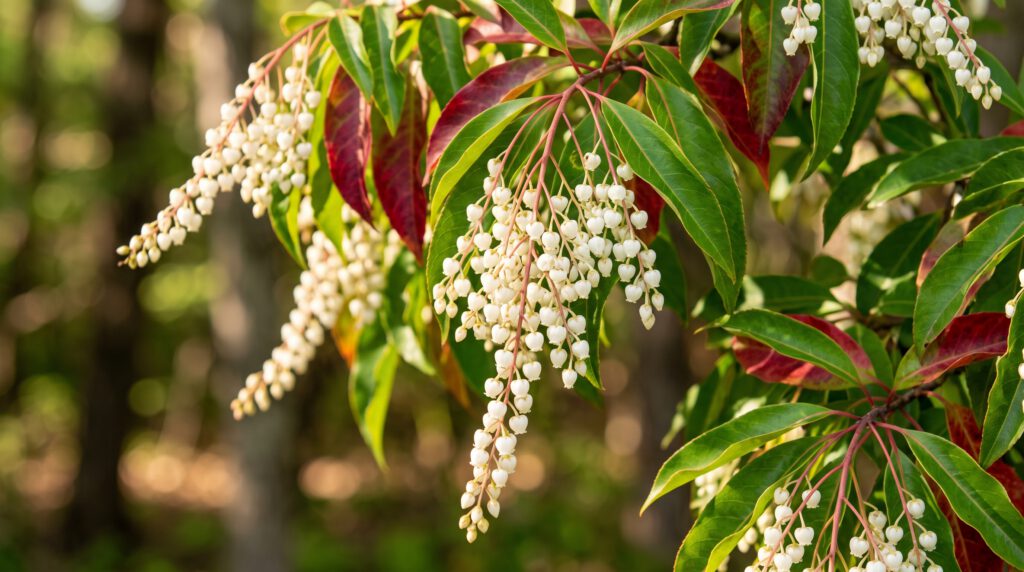 Sourwood tree blossoms with white bell-shaped flowers