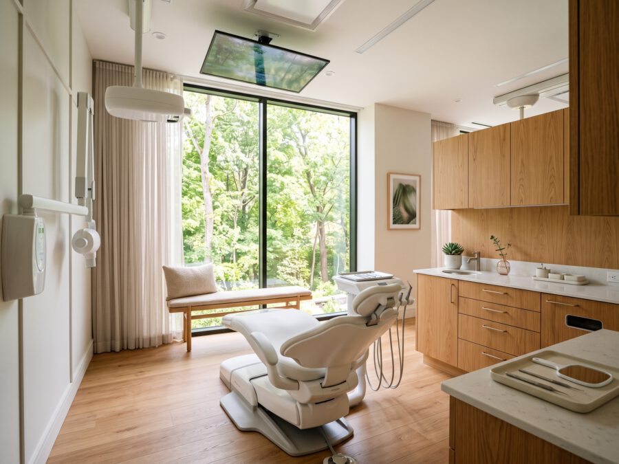 Calm treatment room with a dental chair and a window onto green trees